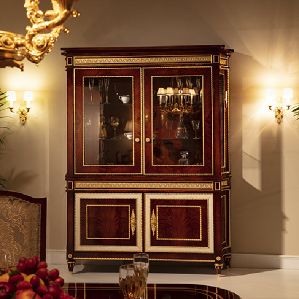 Sophisticated Display Cabinet with Glass Doors and Intricate Inlay