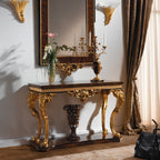 Luxurious Console Table with Elaborate Carvings and Rich Wood Finish