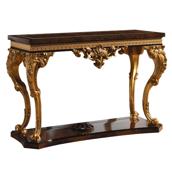 Luxurious Console Table with Elaborate Carvings and Rich Wood Finish