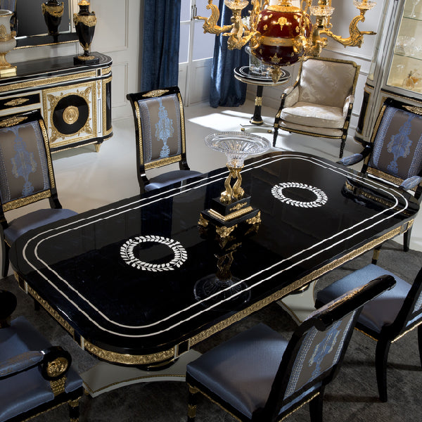 Sophisticated Long Dining Table with Elegant Gold Accents