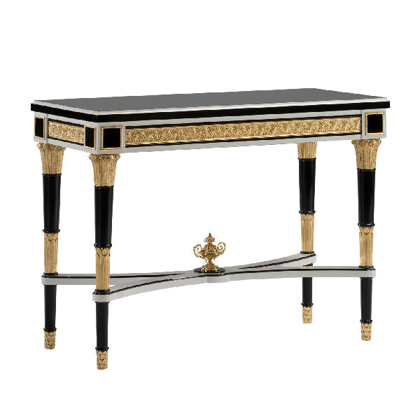 Elegant Console Table with Black Finish and Intricate Gold Accents