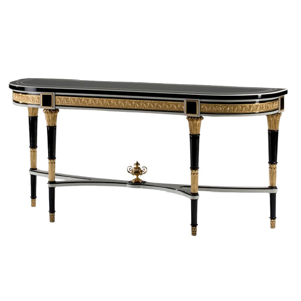 Sophisticated Demi-Lune Console Table with Black Finish and Gold Accents