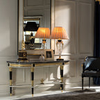 Sophisticated Demi-Lune Console Table with Black Finish and Gold Accents
