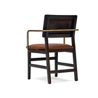 Industrial Chic Brown Leather Armchair with Dark Wood Frame and Brass Accents