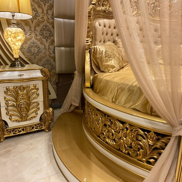 Grand Round Bed with Velvet Upholstery and Golden Accents