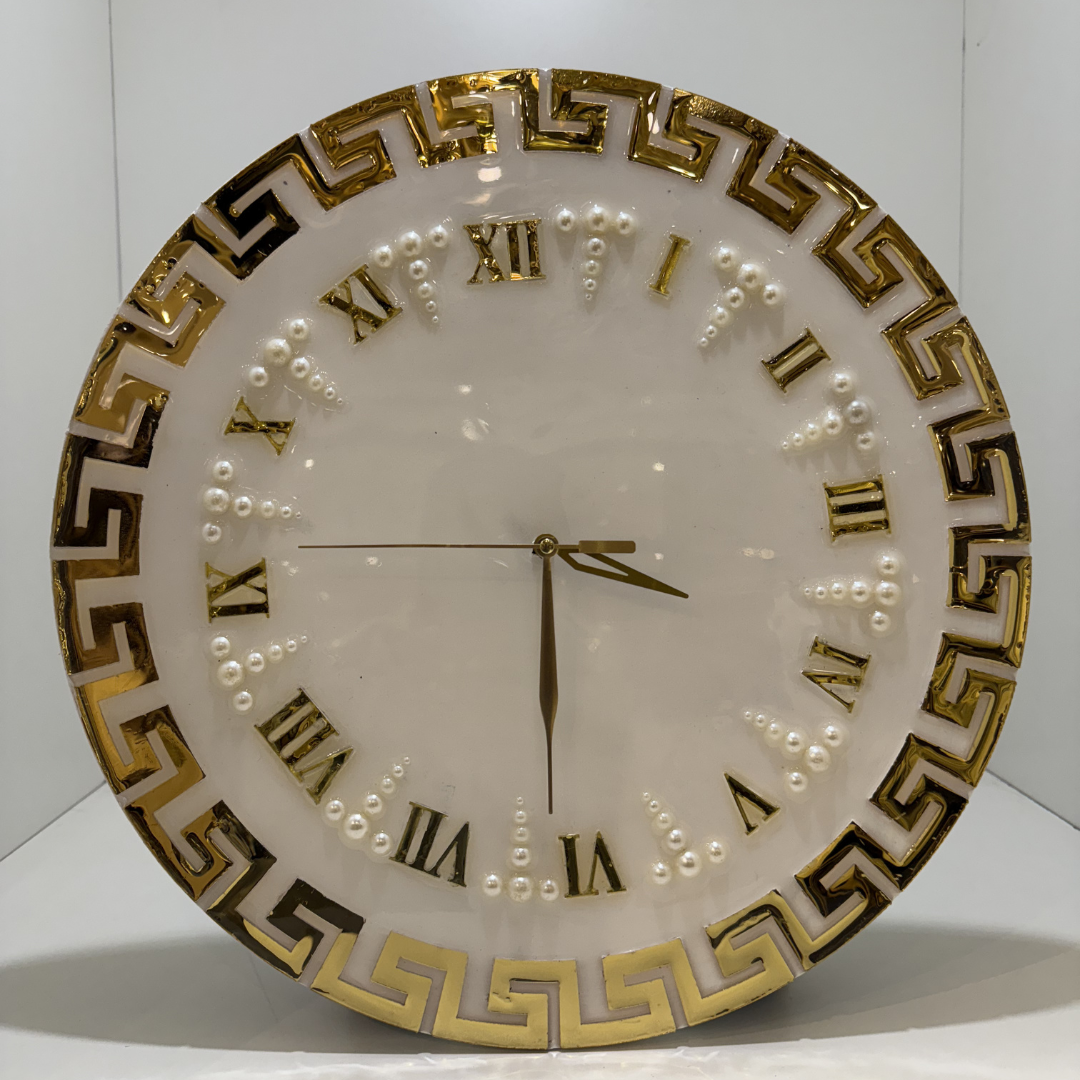 Greek Key Wall Clock – 16-Inch White & Gold Roman Numeral Design