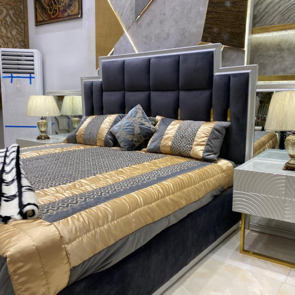 Gray Velvet Upholstered Bed with Mirrored Nightstands