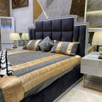 Gray Velvet Upholstered Bed with Mirrored Nightstands