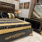 Luxury Greek Bed with Intricate Carvings and Velvet Upholstery