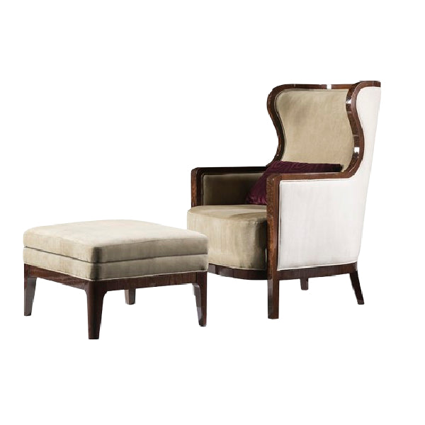 Chic Upholstered Ottoman with Rich Wood Accents