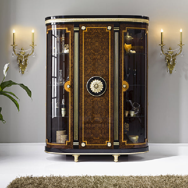 Curved Display Cabinet with Glass Doors and Luxurious Inlay