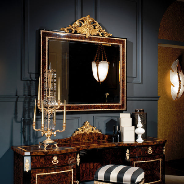 Luxurious Rectangular Mirror with Ornate Gold Crest