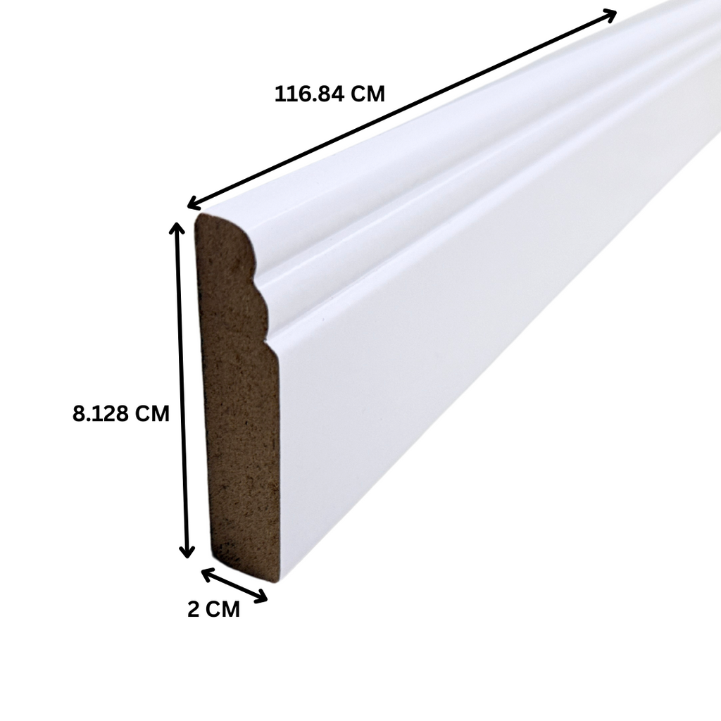 Purely Panache White Pre-Primed MDF Skirting Board, Torus Design, 1.17 Meter Length, 3 Inch Height, Installation Kit Included, Same-Day Shipping