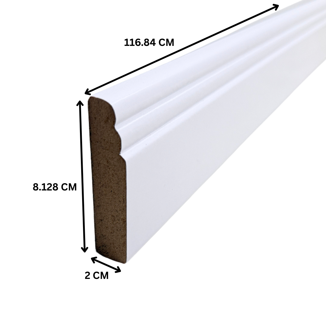 Purely Panache White Pre-Primed MDF Skirting Board, Torus Design, 1.17 Meter Length, 3 Inch Height, Installation Kit Included, Same-Day Shipping