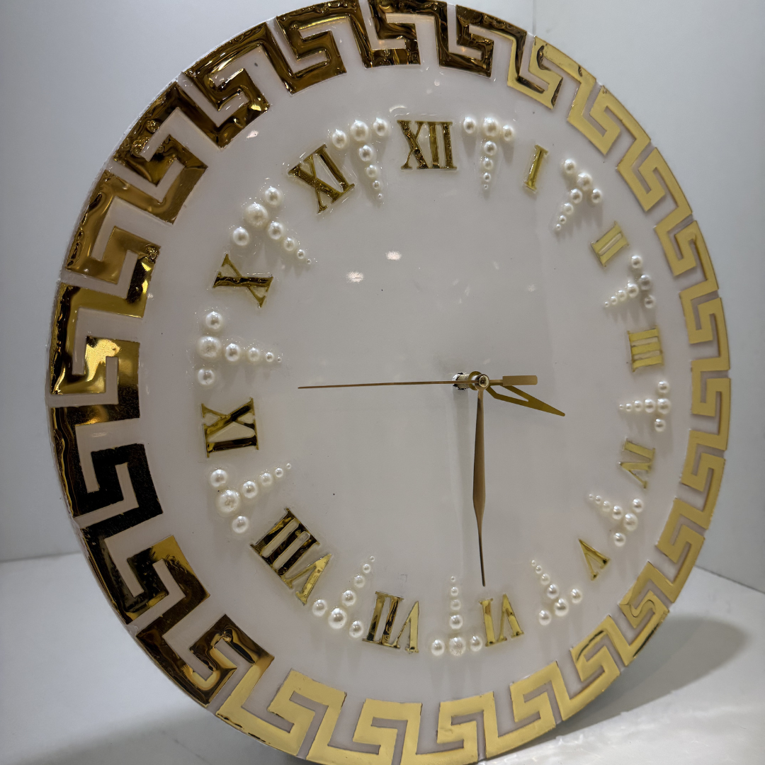 Greek Key Wall Clock – 16-Inch White & Gold Roman Numeral Design