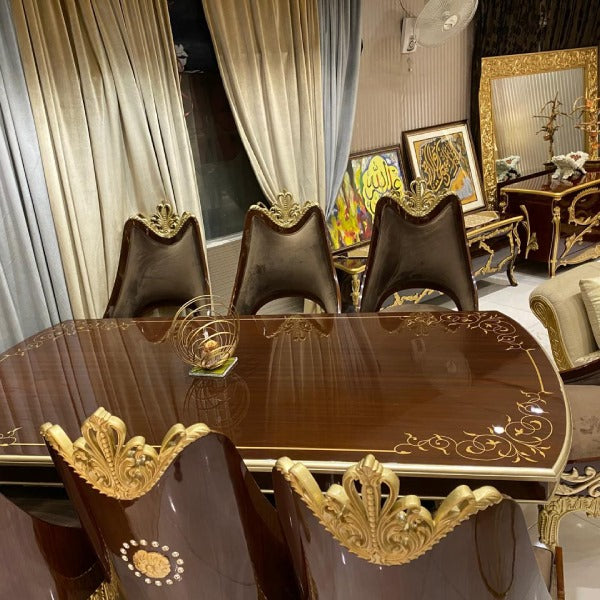 Luxurious Leather Upholstered Dining Chairs with Gold Leaf Accents