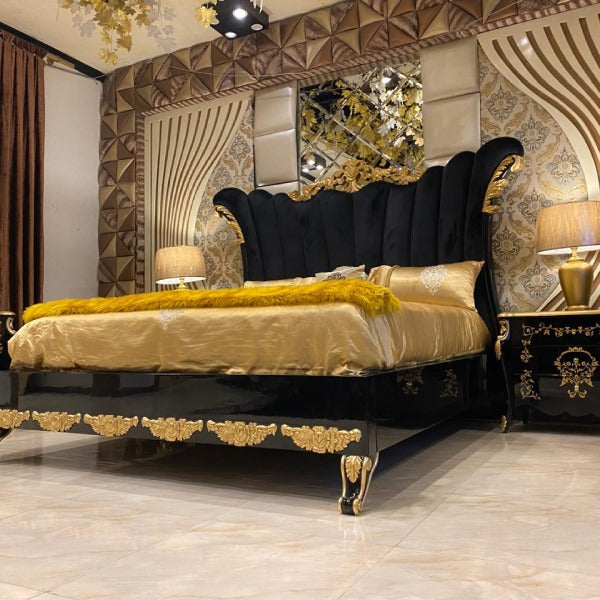 Luxury King-Size Bed with Golden Leaf Details and Velvet Cushions