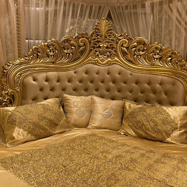 Grand Round Bed with Velvet Upholstery and Golden Accents