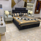 Gray Velvet Upholstered Bed with Mirrored Nightstands