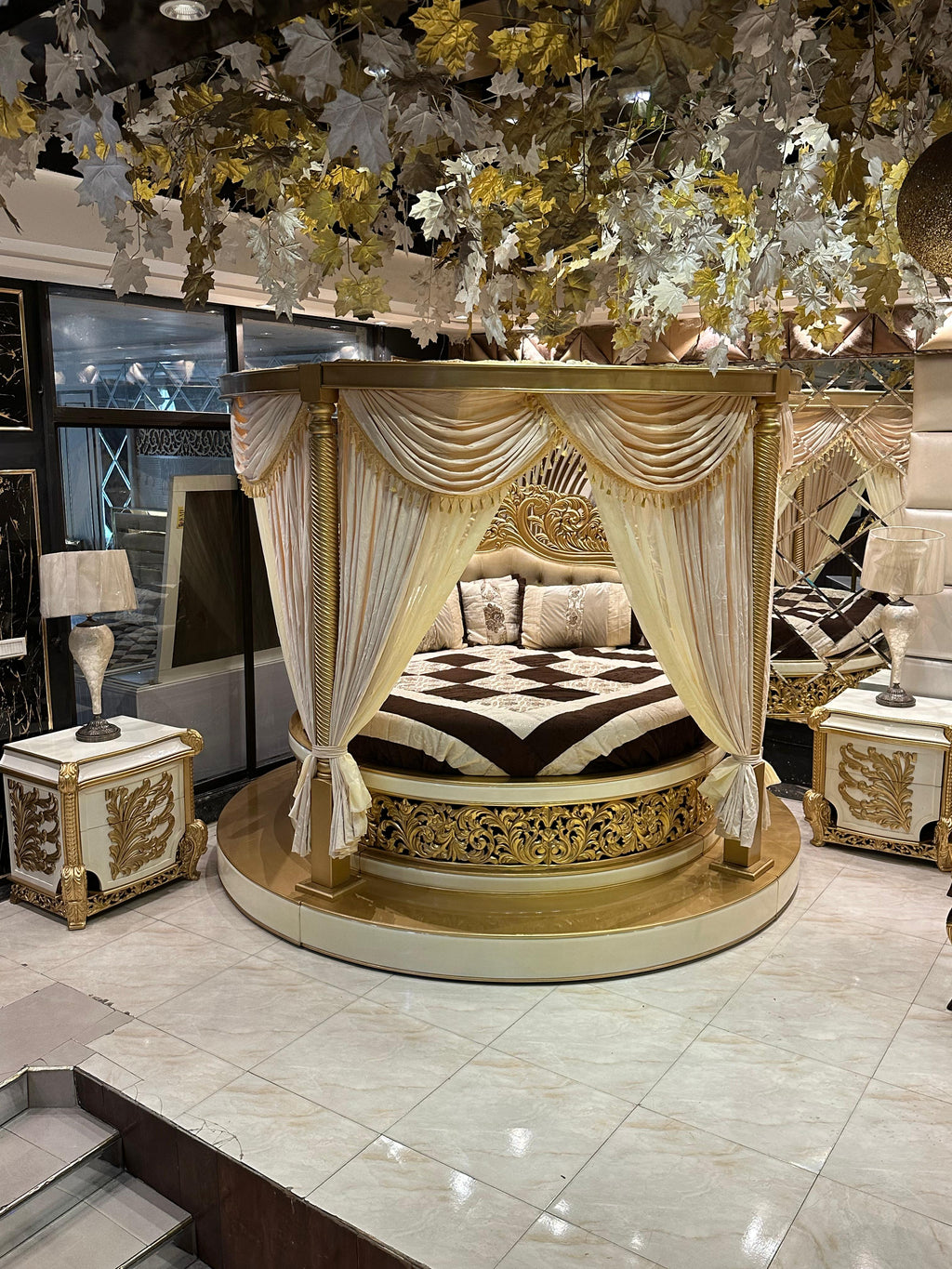 Exquisite Royal Baroque Bedroom Set with Ornate Gold Accents and Elegant Drapery Canopy