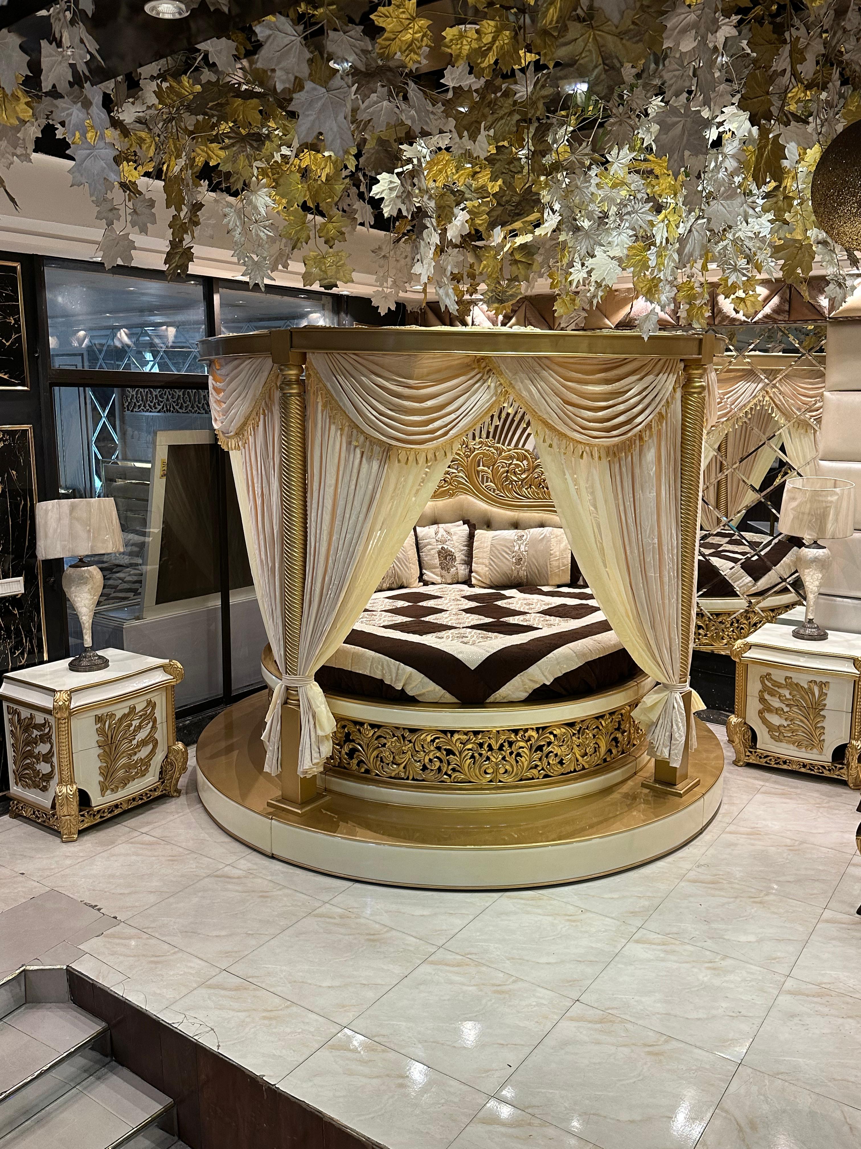 Exquisite Royal Baroque Bedroom Set with Ornate Gold Accents and Elegant Drapery Canopy