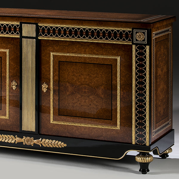 Refined Sideboard with Luxurious Wood Finish and Exquisite Gold Detailing