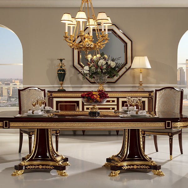 Exquisite Mahogany Dining Table with Intricate Gold Inlays