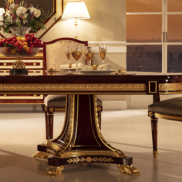 Exquisite Mahogany Dining Table with Intricate Gold Inlays