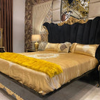 Luxury King-Size Bed with Golden Leaf Details and Velvet Cushions