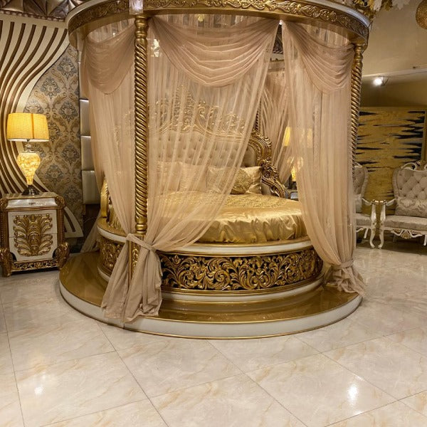 Grand Round Bed with Velvet Upholstery and Golden Accents