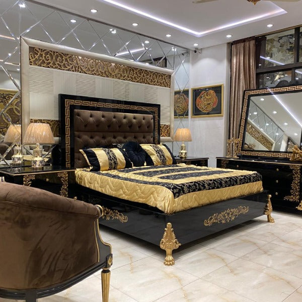 Luxury Greek Bed with Intricate Carvings and Velvet Upholstery