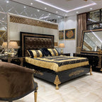 Luxury Greek Bed with Intricate Carvings and Velvet Upholstery