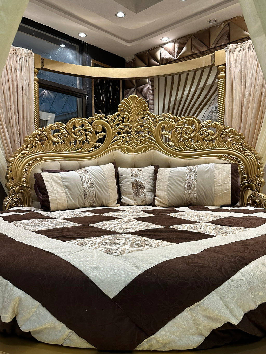 Exquisite Royal Baroque Bedroom Set with Ornate Gold Accents and Elegant Drapery Canopy
