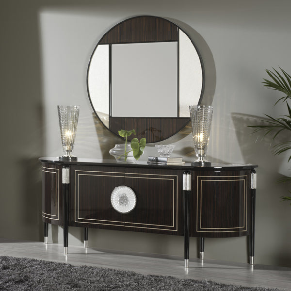 Elegant Curved Console Table with Sophisticated Mirror and Lighting
