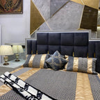 Gray Velvet Upholstered Bed with Mirrored Nightstands