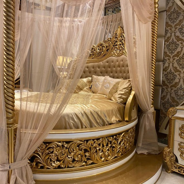Grand Round Bed with Velvet Upholstery and Golden Accents