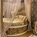 Grand Round Bed with Velvet Upholstery and Golden Accents