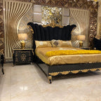Luxury King-Size Bed with Golden Leaf Details and Velvet Cushions