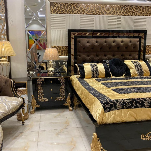Luxury Greek Bed with Intricate Carvings and Velvet Upholstery