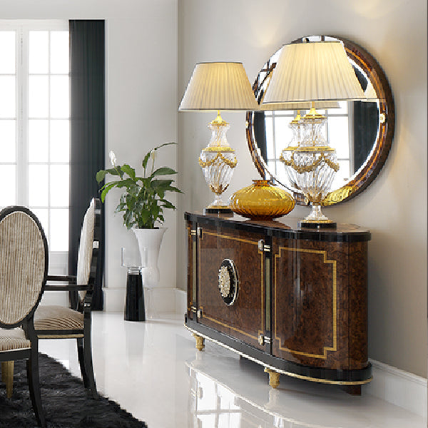 Exquisite Curved Sideboard with Rich Wood and Elegant Accents