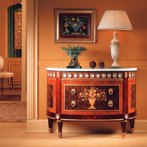 Elegant Bow-Front Chest with Intricate Inlay and Marble Top