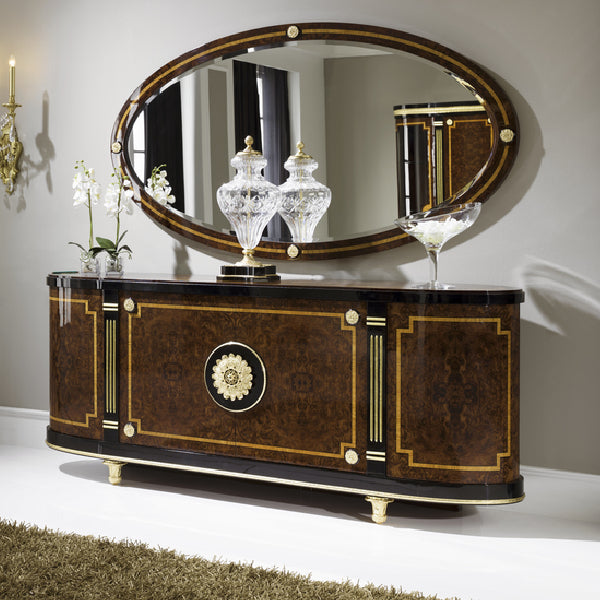Exquisite Curved Sideboard with Rich Wood and Elegant Accents