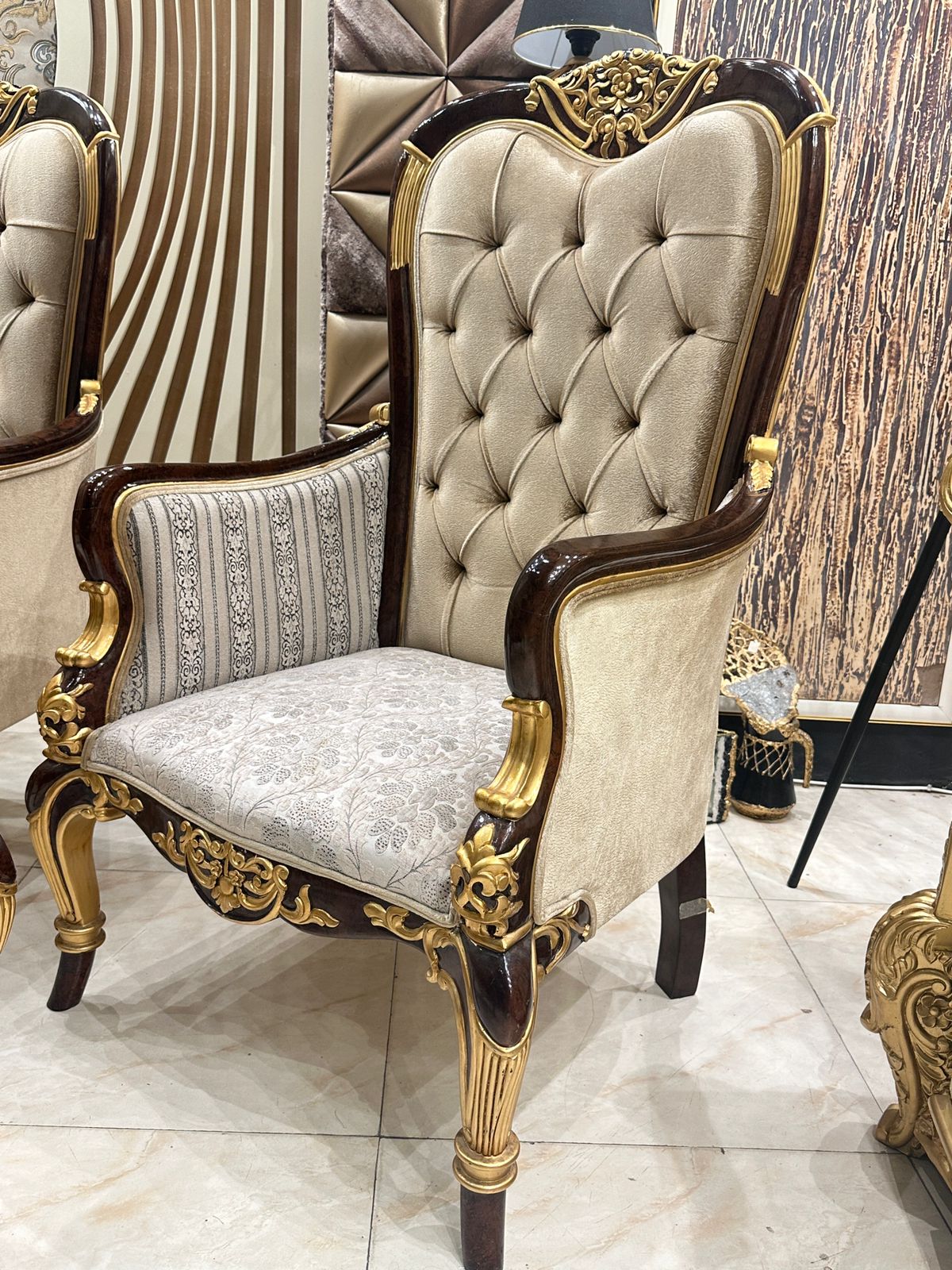 Royal Opulence: Carved Wooden Armchairs and Coffee Table Set
