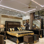 Luxury Greek Bed with Intricate Carvings and Velvet Upholstery