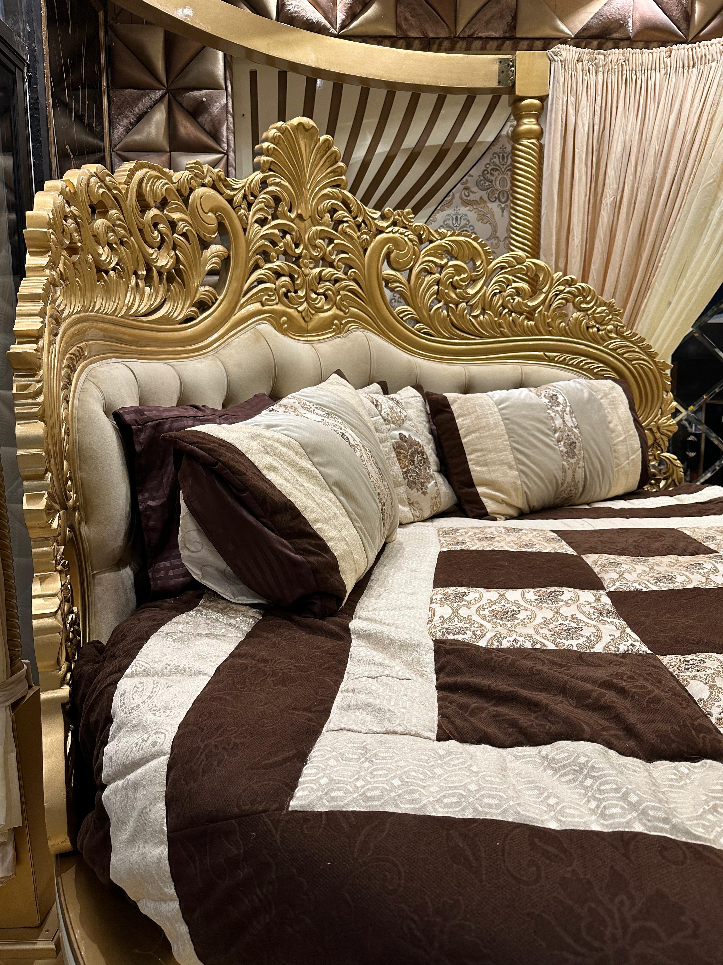 Exquisite Royal Baroque Bedroom Set with Ornate Gold Accents and Elegant Drapery Canopy