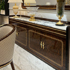 Sleek Brown Wood Sideboard with Marble Top and Elegant Inlays
