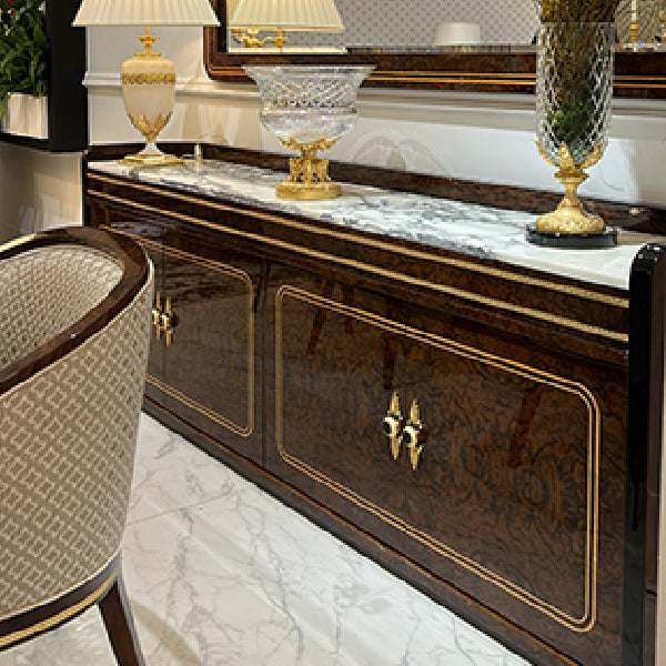 Sleek Brown Wood Sideboard with Marble Top and Elegant Inlays