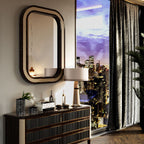 Chic Console Table with Contemporary Mirror and Urban View