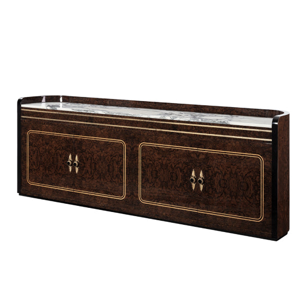 Sleek Brown Wood Sideboard with Marble Top and Elegant Inlays