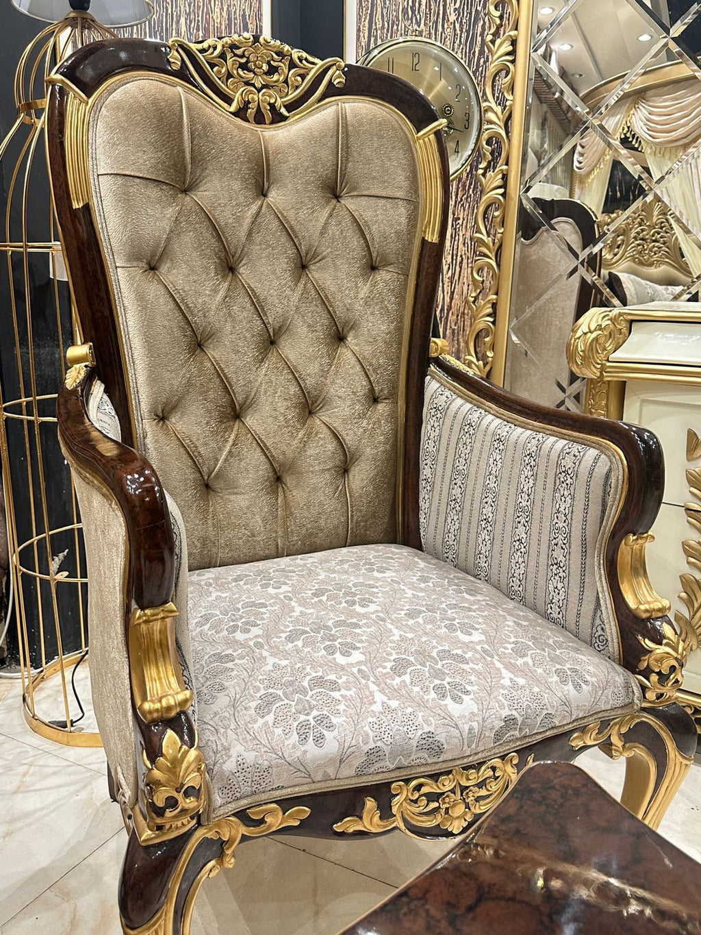 Royal Opulence: Carved Wooden Armchairs and Coffee Table Set